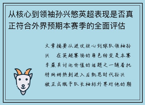 从核心到领袖孙兴慜英超表现是否真正符合外界预期本赛季的全面评估