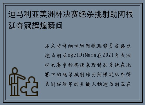 迪马利亚美洲杯决赛绝杀挑射助阿根廷夺冠辉煌瞬间 迪马利亚美洲杯决赛绝杀挑射助阿根廷夺冠辉煌瞬间